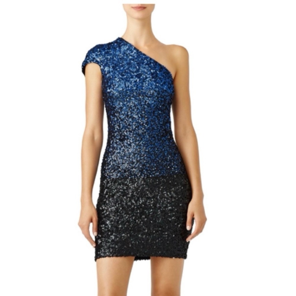 Dress The Population Blue Ombre One Shoulder Sequin Cocktail Party Dress MEDIUM‎
